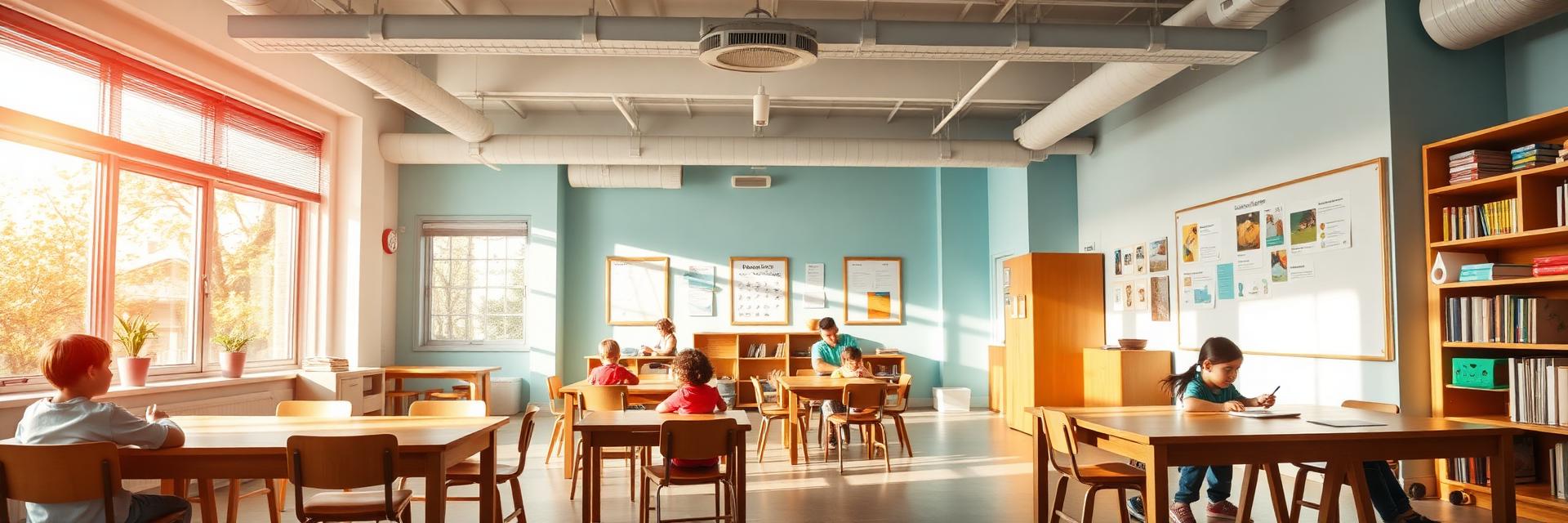 Children learning together in a bright hybrid classroom