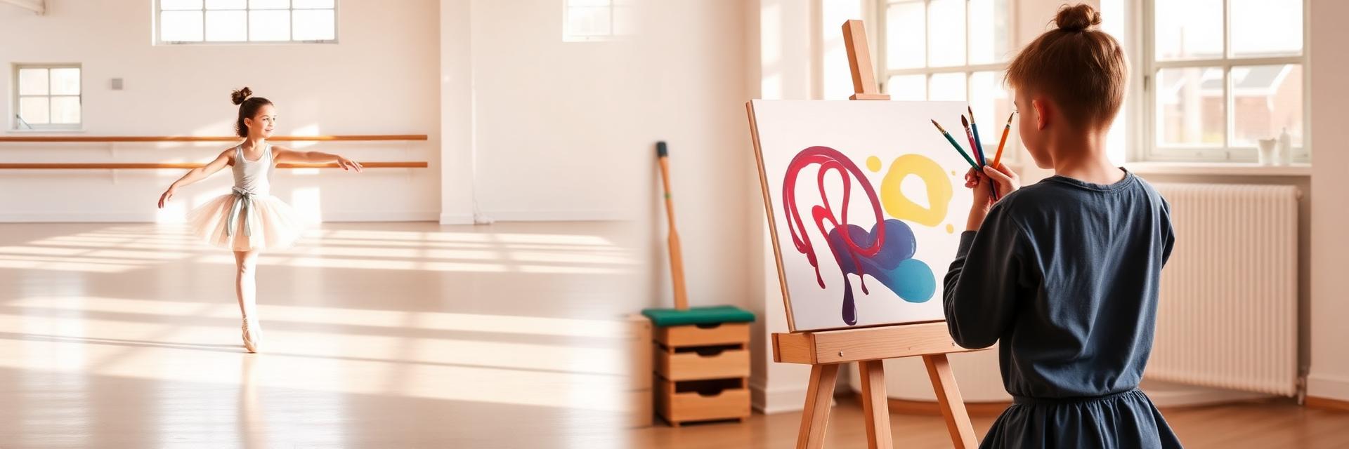 Ballet dancer and student painting in bright studio space