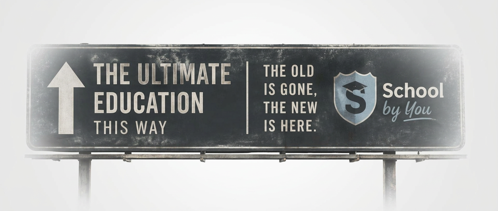 Highway billboard reading The old is gone and the new is here — School by You