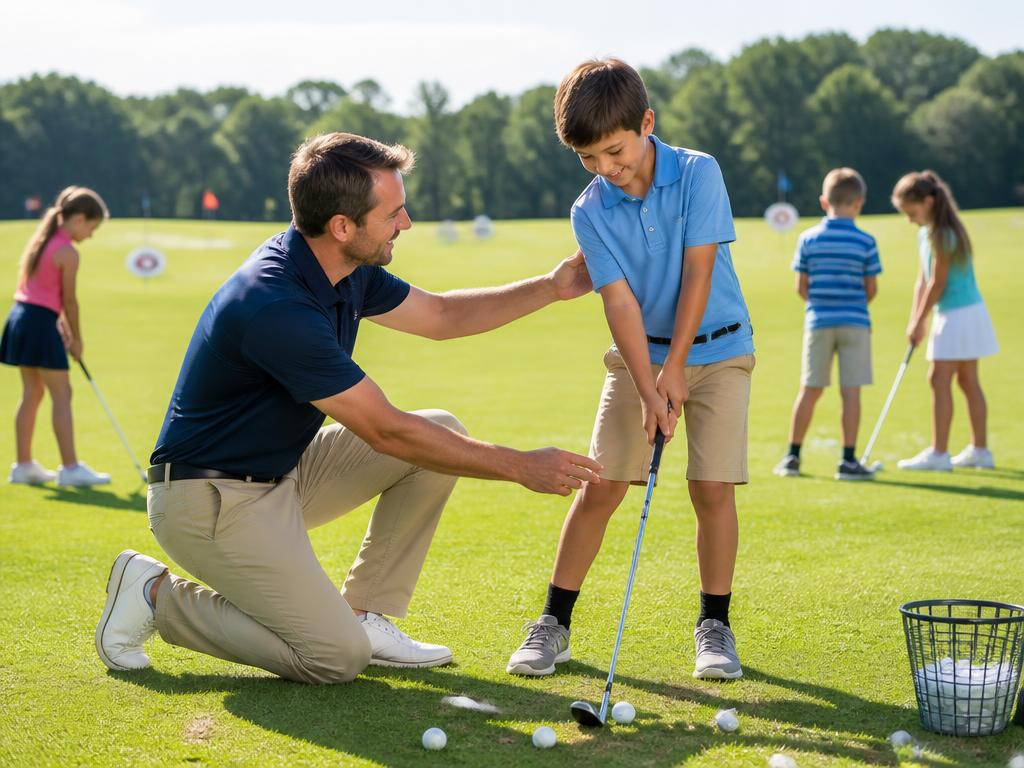 A golf coach teaching a student at a driving range