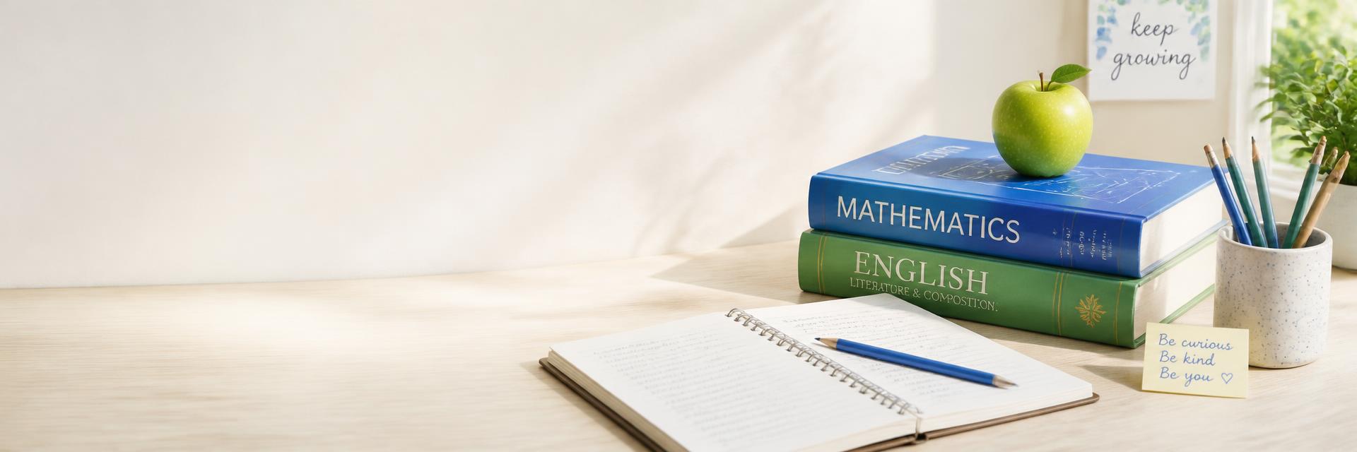 Math and English textbooks on a desk