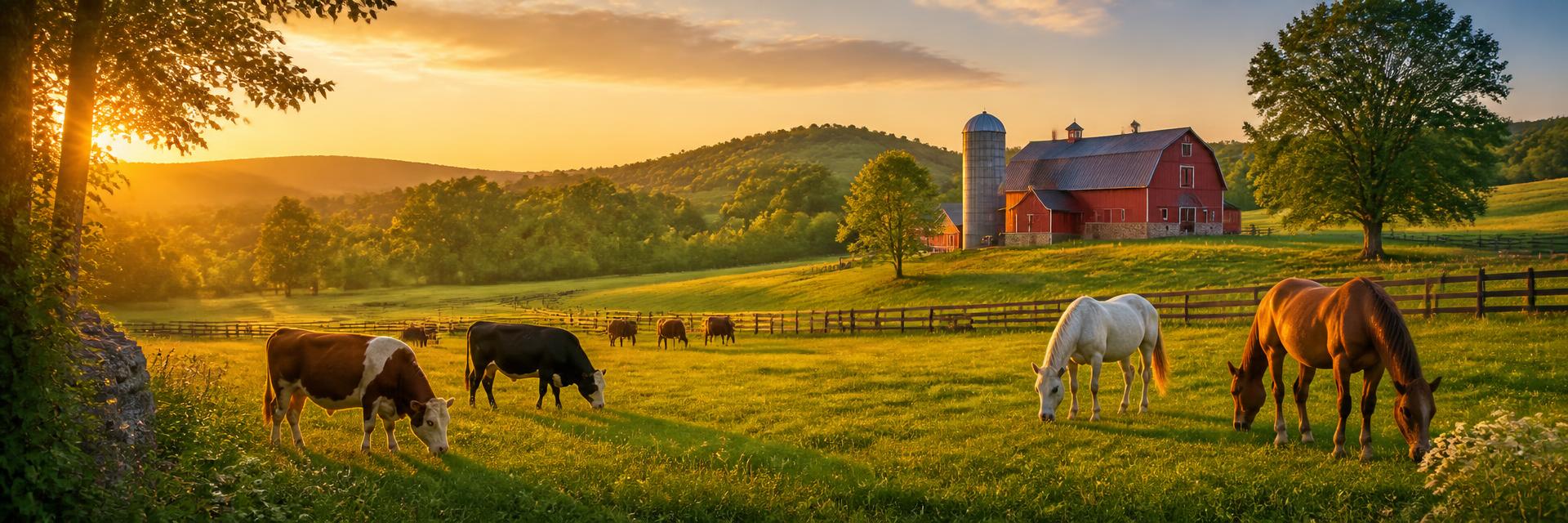 Cattle and horses grazing on a farm at sunset