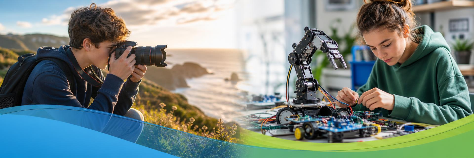 A student with a camera and a student building a robot