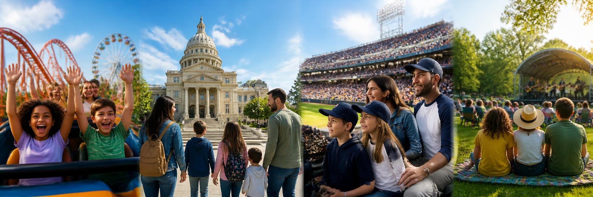 Families enjoying amusement parks, capitol visits, sporting events, and concerts