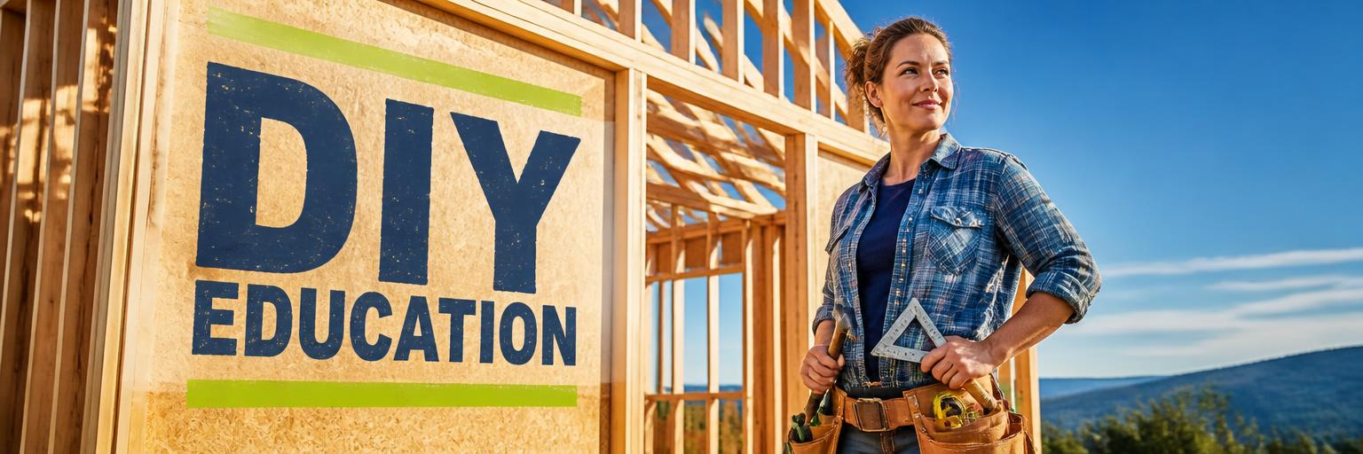 Person framing a house with DIY Education text