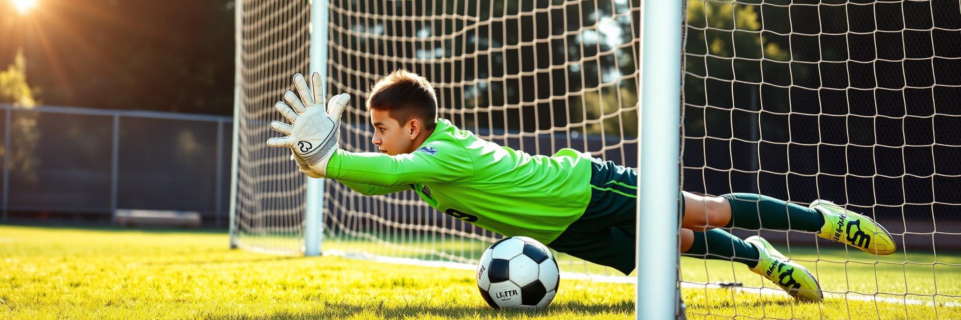 A soccer goalie making a diving save