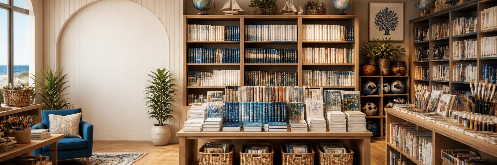 Bookstore with books, teacher resources, sporting supplies, and art supplies