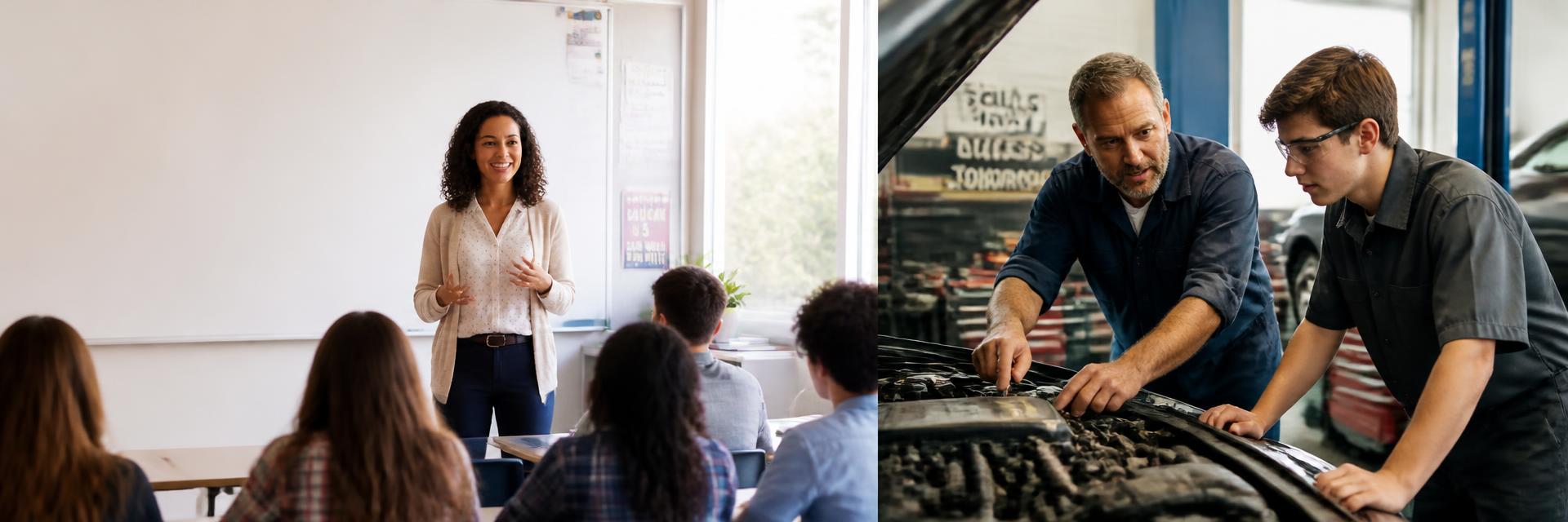 Teacher at the front of a classroom and an instructor teaching a student to work on a car