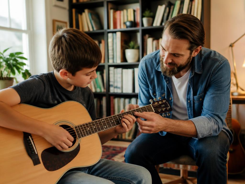 A tutor teaching a student how to play guitar