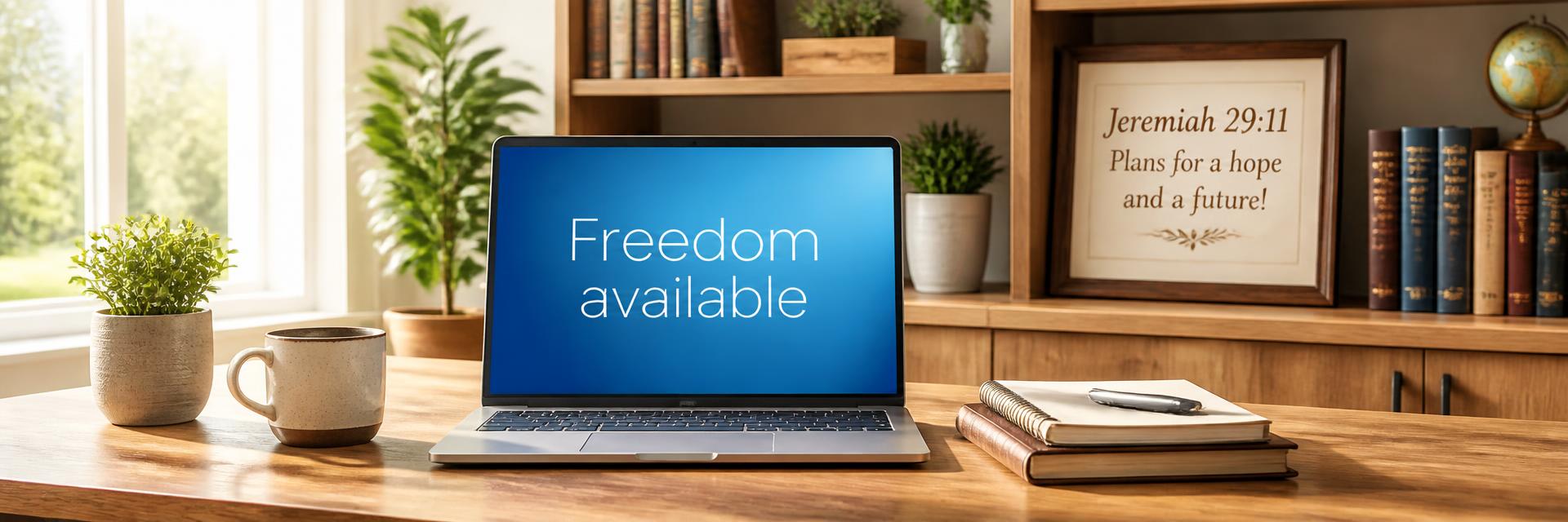 Laptop displaying the words Freedom available